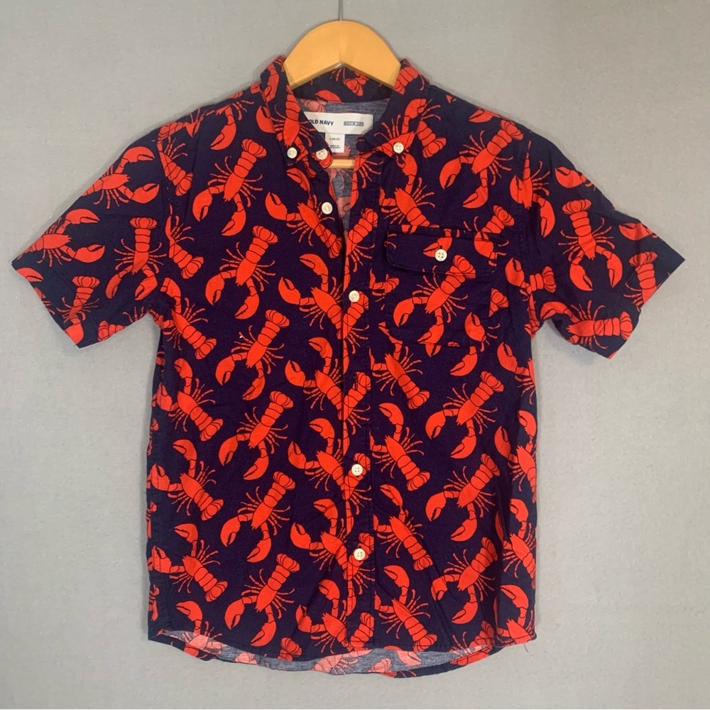 Old Navy Button Down Shirt Boys Sz 10-12 Blue Red Crawfish Nautical - Picture 2 of 5